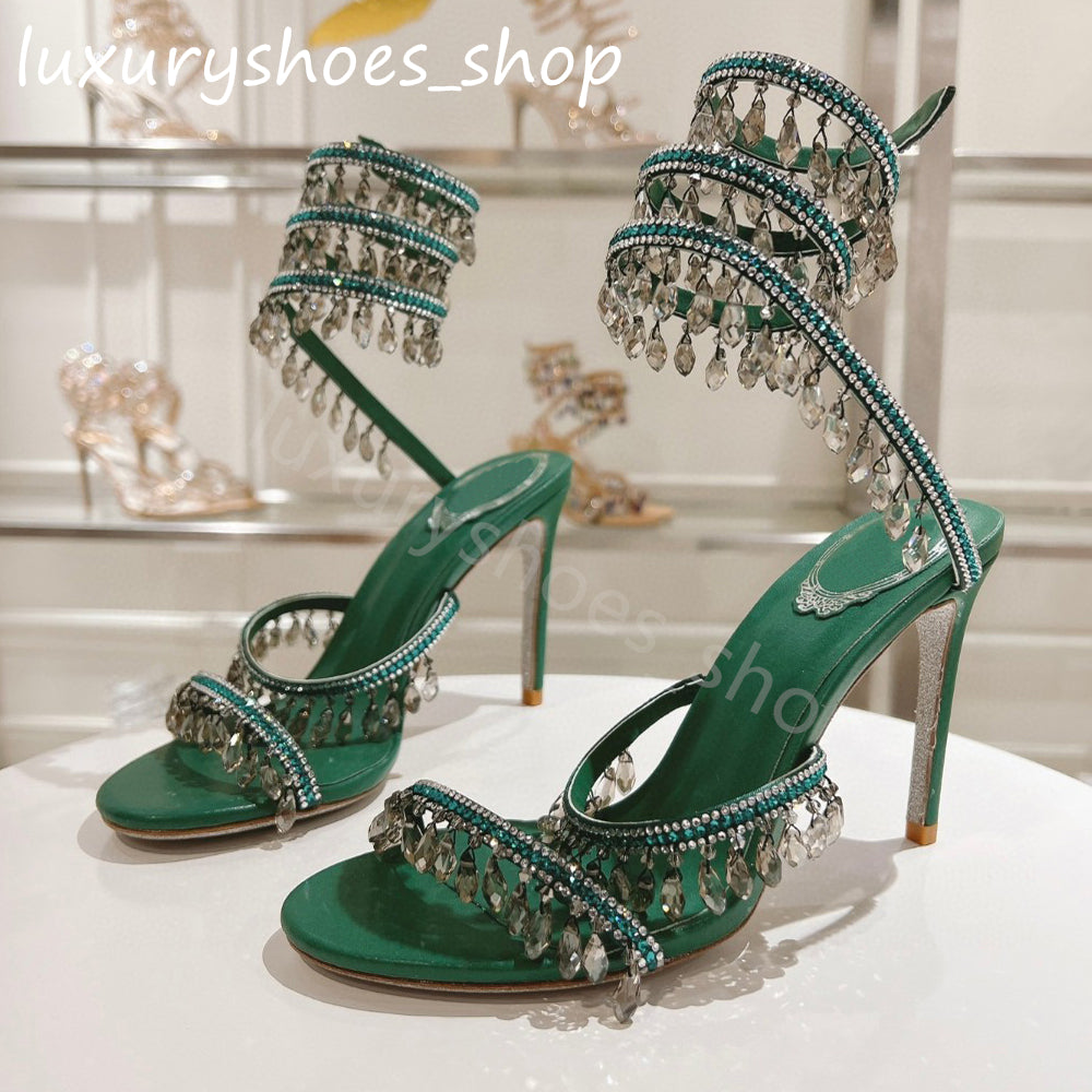 Green Crystal Stiletto Heels Sandals for Women - 2024 Evening Party Rhinestones Wraparound Dress Shoes