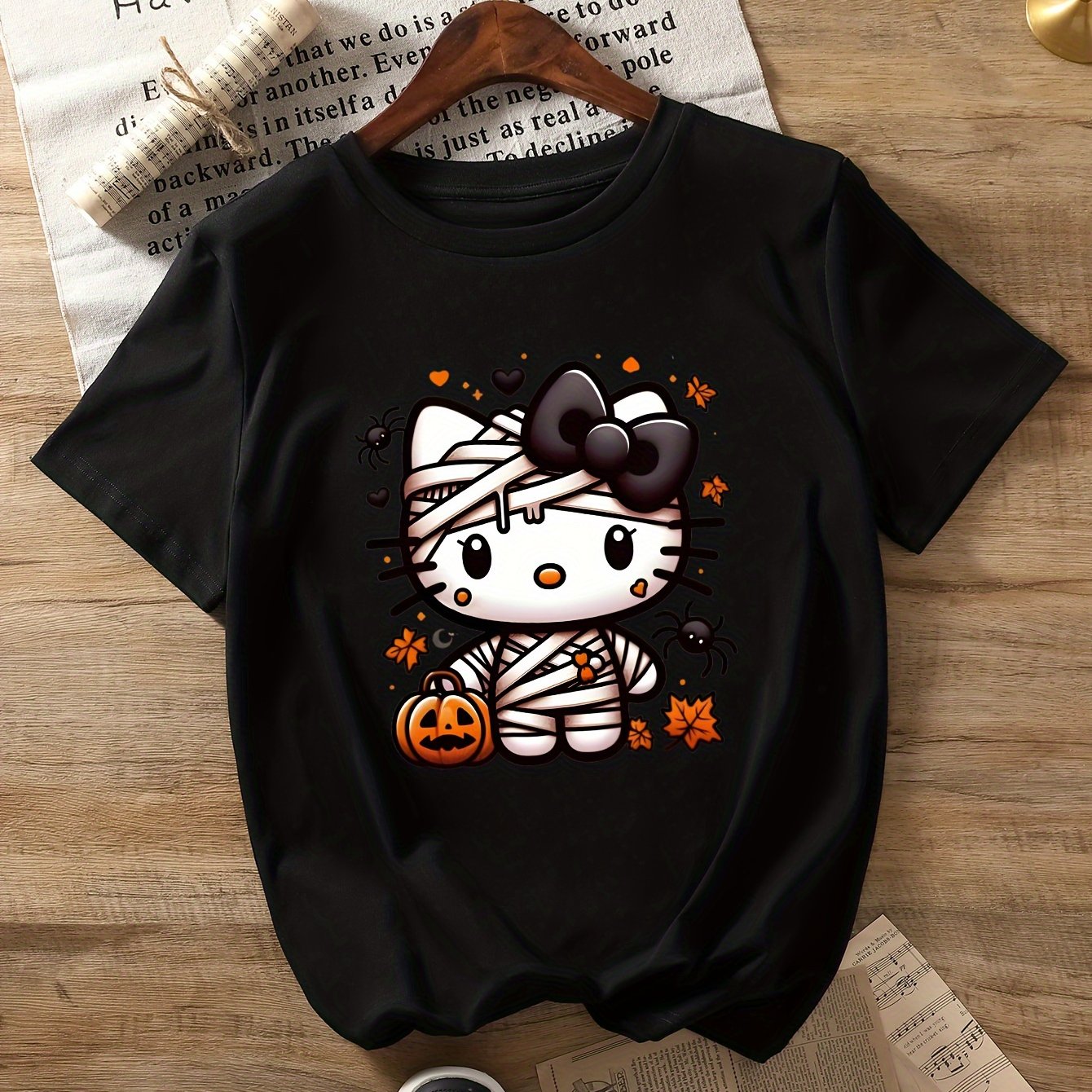 TEMU For Hello Kitty Halloween Graphic T-shirt - Black Crew Neck Tee With Design, Casual Regular , Fans Of Spooky Fun, Halloween Shirts