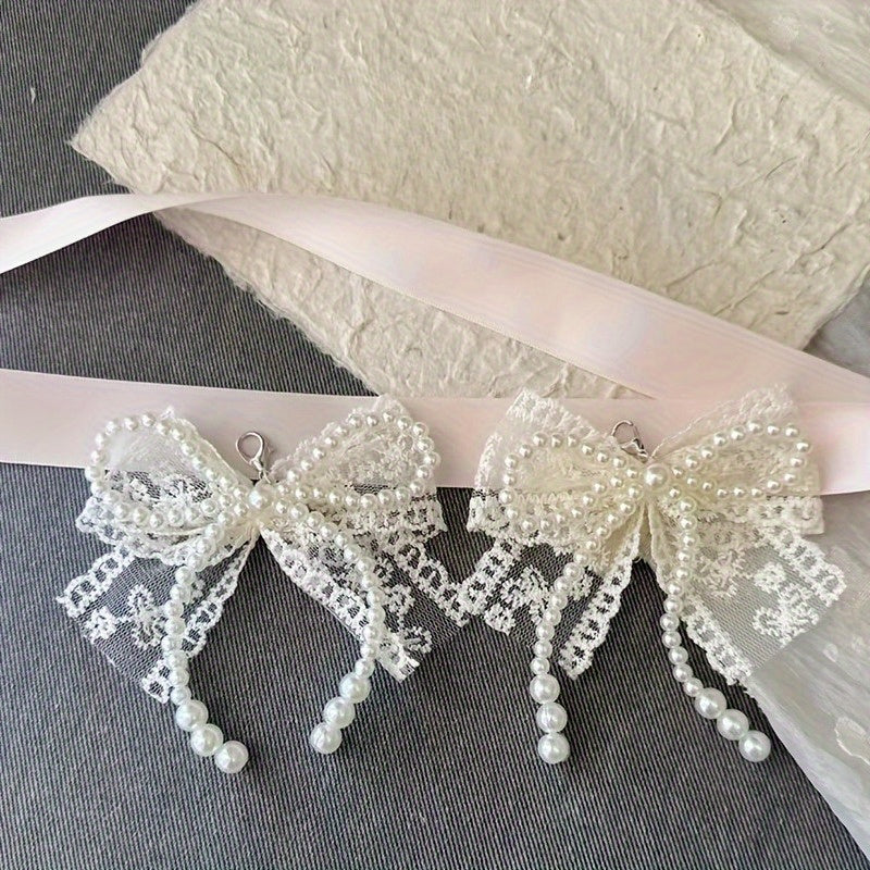 TEMU 2pcs Elegant Lace & Bow Shoe Clips - Chic Decorative Accessory For High Heels & Sneakers, Adds Pearl Embellishments & Ribbon Bows, Perfect