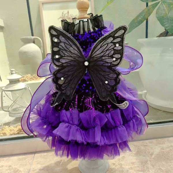 Fine Fashion Pet Dog Clothes High-End Purple Lace Princess Dress For Small Medium Dogs Black Butterfly Wing Puppy Skirts