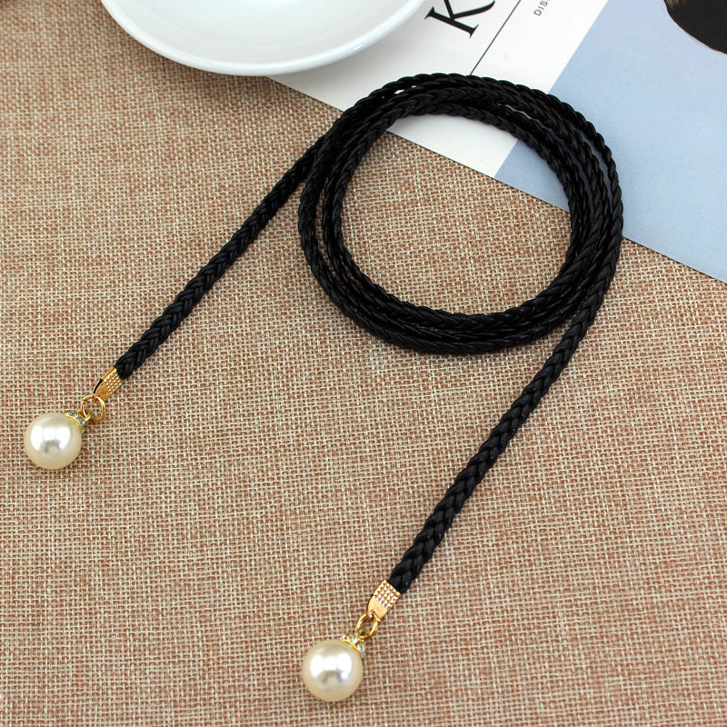 TEMU Women's Elegant Brown Braided Waist Belt With Pearl Accents - Versatile Decorative Belt For Dresses, Casual Attire, And Formal Occasions, Casual