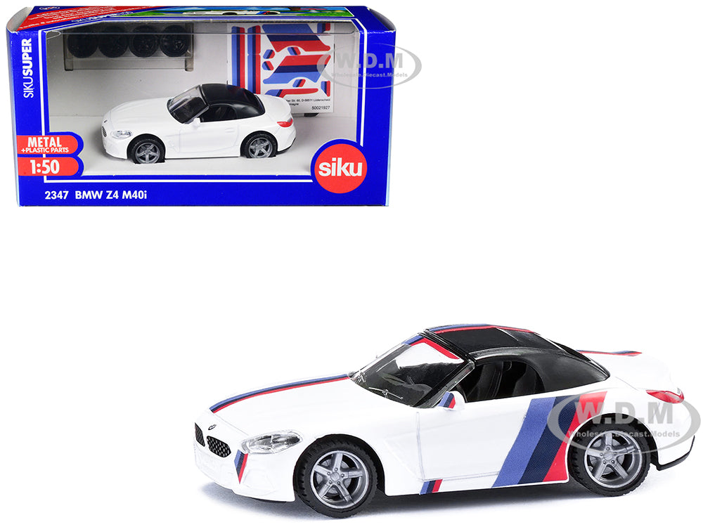 BMW Z4 M40i Cabriolet White with Black Top with Extra Wheels and Decals 1-50 Diecast Model by Siku