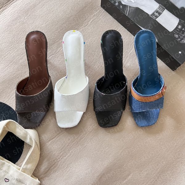 High Heels Designer Sandals Womens Dress Shoes Slippers Mid Heel Neo Revival Mules Heel Ladies denim blue White Black Brown Classics Slides
