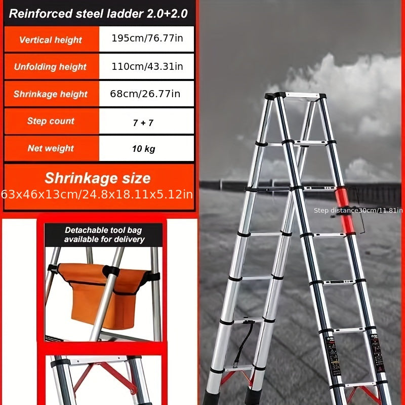 TEMU A 6.5-foot 7-step Telescoping Ladder, A Telescoping Ladder, A Household Folding Ladder, An Outdoor Work Multi- Portable Folding Ladder,