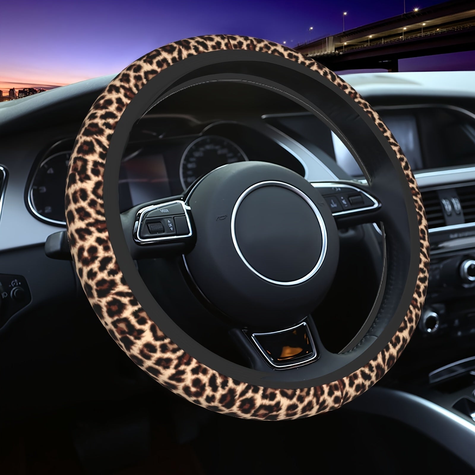 TEMU 1pc Leopard Print Car Steering Wheel Cover, Polyester Fiber, Universal Fit, No , Fashionable Vehicle Accessory