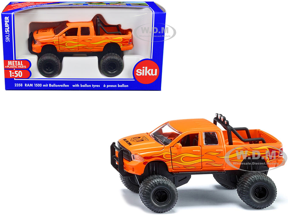 Ram 1500 Pickup Truck Lifted with Balloon Tires Orange with Flames 1-50 Diecast Model by Siku