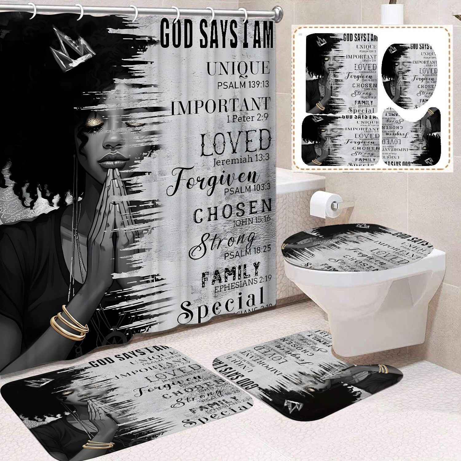 YL-37484 Shower Curtain African Girl Home Bathroom Decorative Curtain Toilet Floor Mat Toilet Non-slip Floor Mat