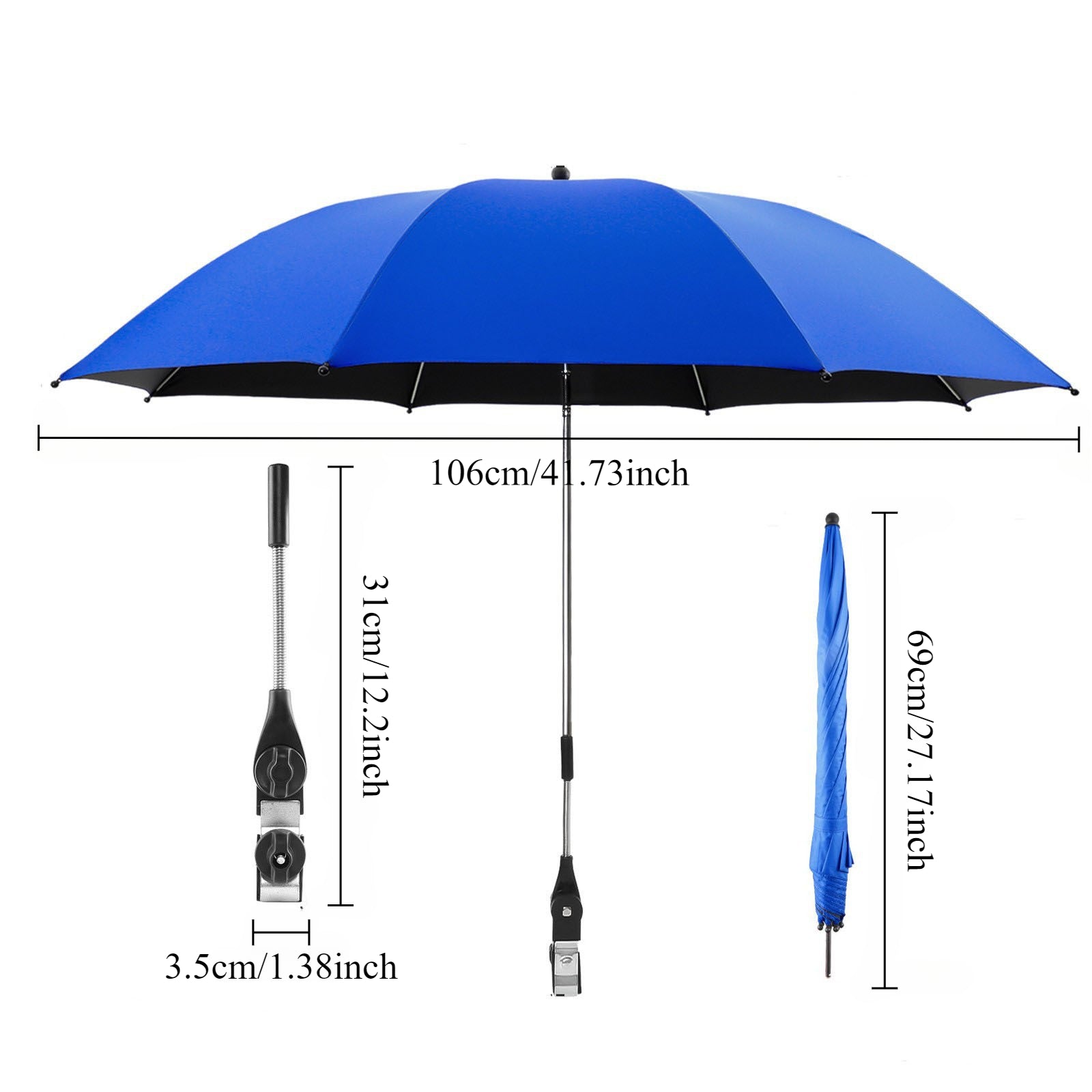 TEMU Blue Portable Outdoor Umbrella With Clip Holder - Uv Protection, Ideal For Camping, Beach, Golf Carts, Wheelchairs, And Garden Seating - Metal