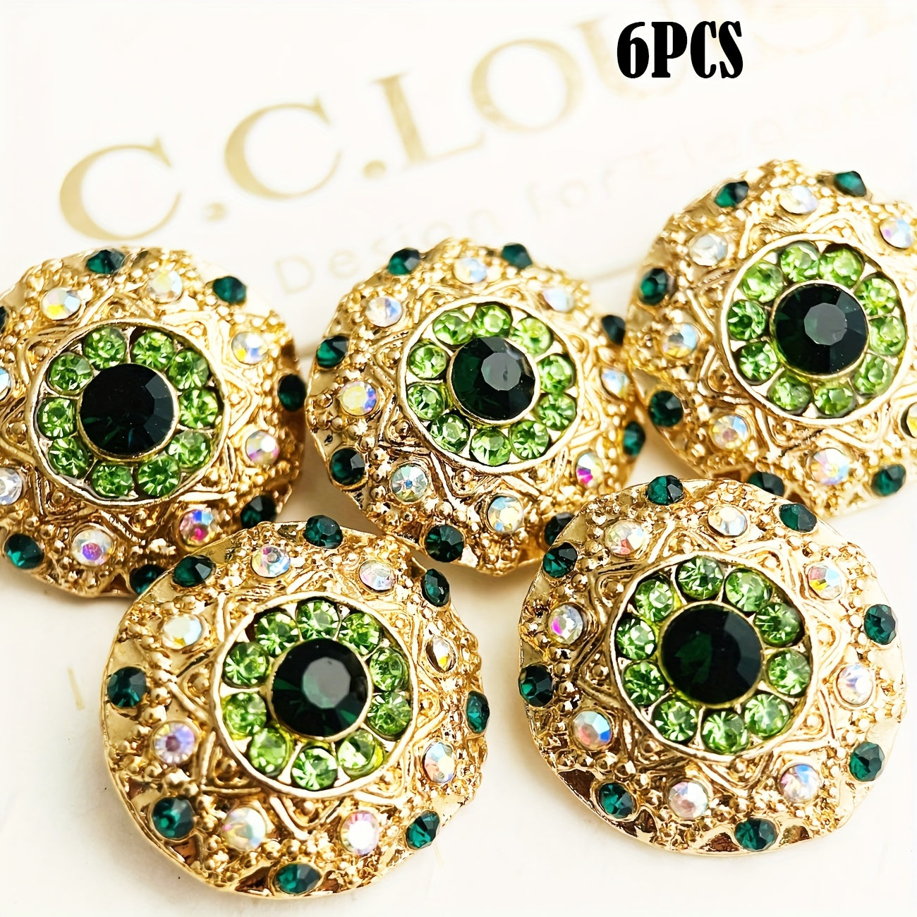 TEMU 6pcs Decorative Buttons, Inlaid With Green Rhinestones, For Clothing, Bags, Belts, Hats, And Headscarves, Other Home Textile Decoration