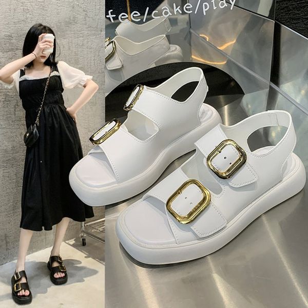 student flat sandals metal buckle leather band gladiator sandals women black-white platform sandalias mujer 2022 beach shoes