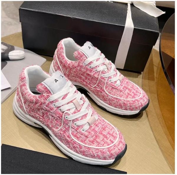 24ss Womens Sneakers Dress Shoe Lace-Up Casual Shoe Tweed Printing Platform Outdoor Trainer Sports Hiking Shoe Classic Pink Leisure Shoe Wit