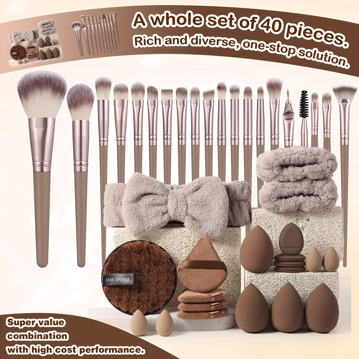 TEMU 40pcs Makeup Brush Set With Palm Brushes, Nylon Bristles For Normal Skin - Unscented, Abs Handle Includes 20 Brushes, 4 Sponges, 4 Mini Sponges,