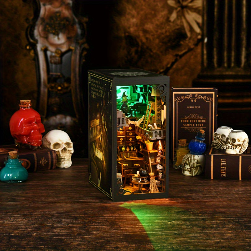 TEMU 1pc Wooden Book Nook Kit, Wooden Diorama Project, Model Diy Dollhouse, Bookend Book Nook Building With Led Lights, , , Magic, Halloween,