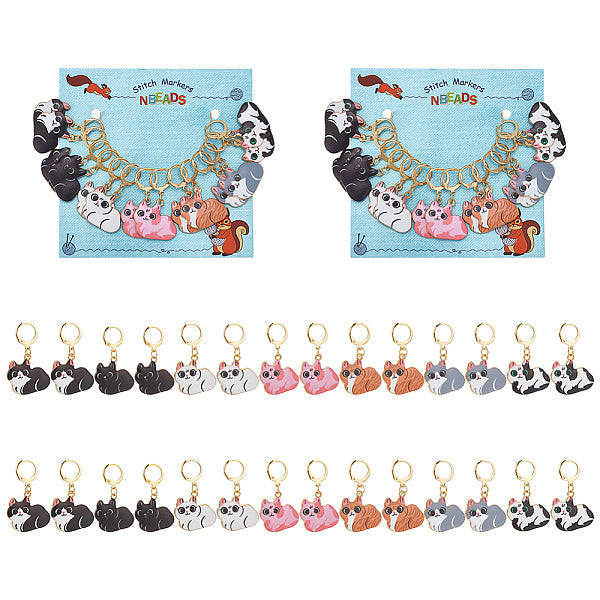 14Pcs 7 Style Cat Alloy Enamel Pendant Locking Stitch Markers