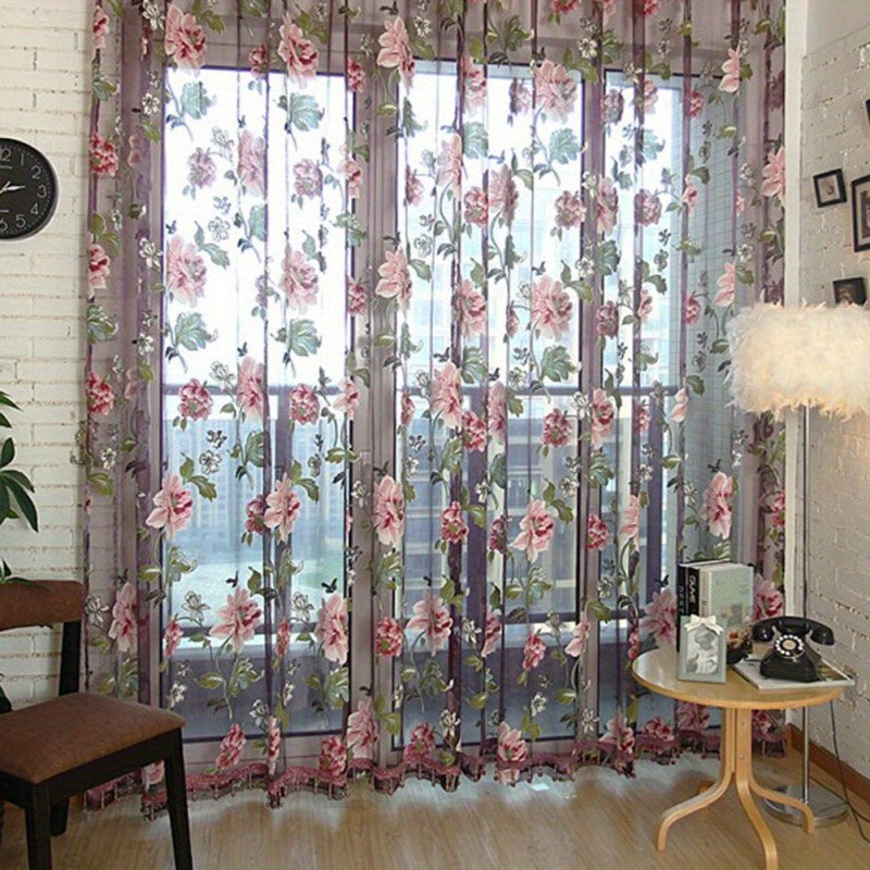 TEMU 1 Panel Sheer Floral Curtains 79 Inch Length - Light Filtering Privacy Drapes With & Green Leaves, Semi-sheer Window Treatments For Living Room,