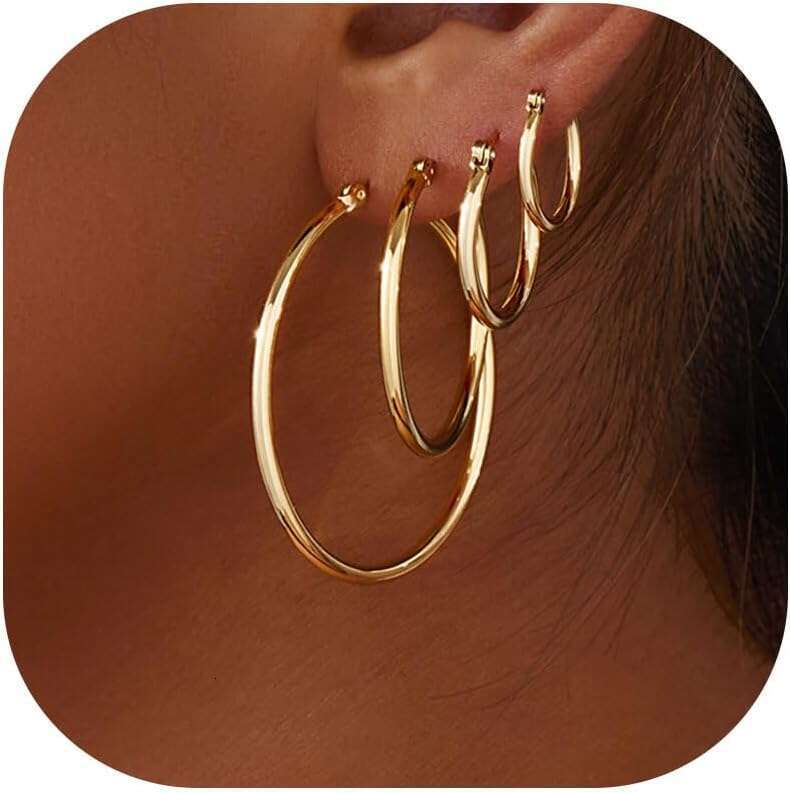 Set Women,14k Plated Hoops with Sterg Sier Post Hypoallergenic Thin Hoop Gold Earrings for Girls Trendy Jewelry Gifts