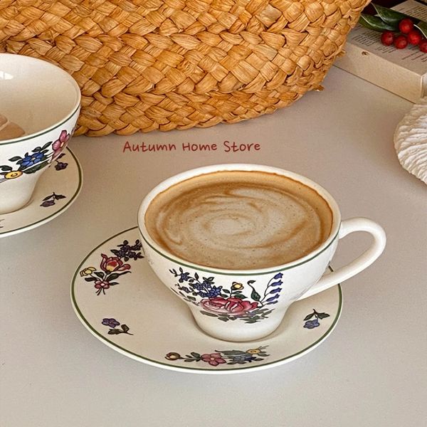 Retro Afternoon Tea Ceramic Coffee Cups and Plates Household European Floral Latte with Ear Hanging Ice American Style 241127