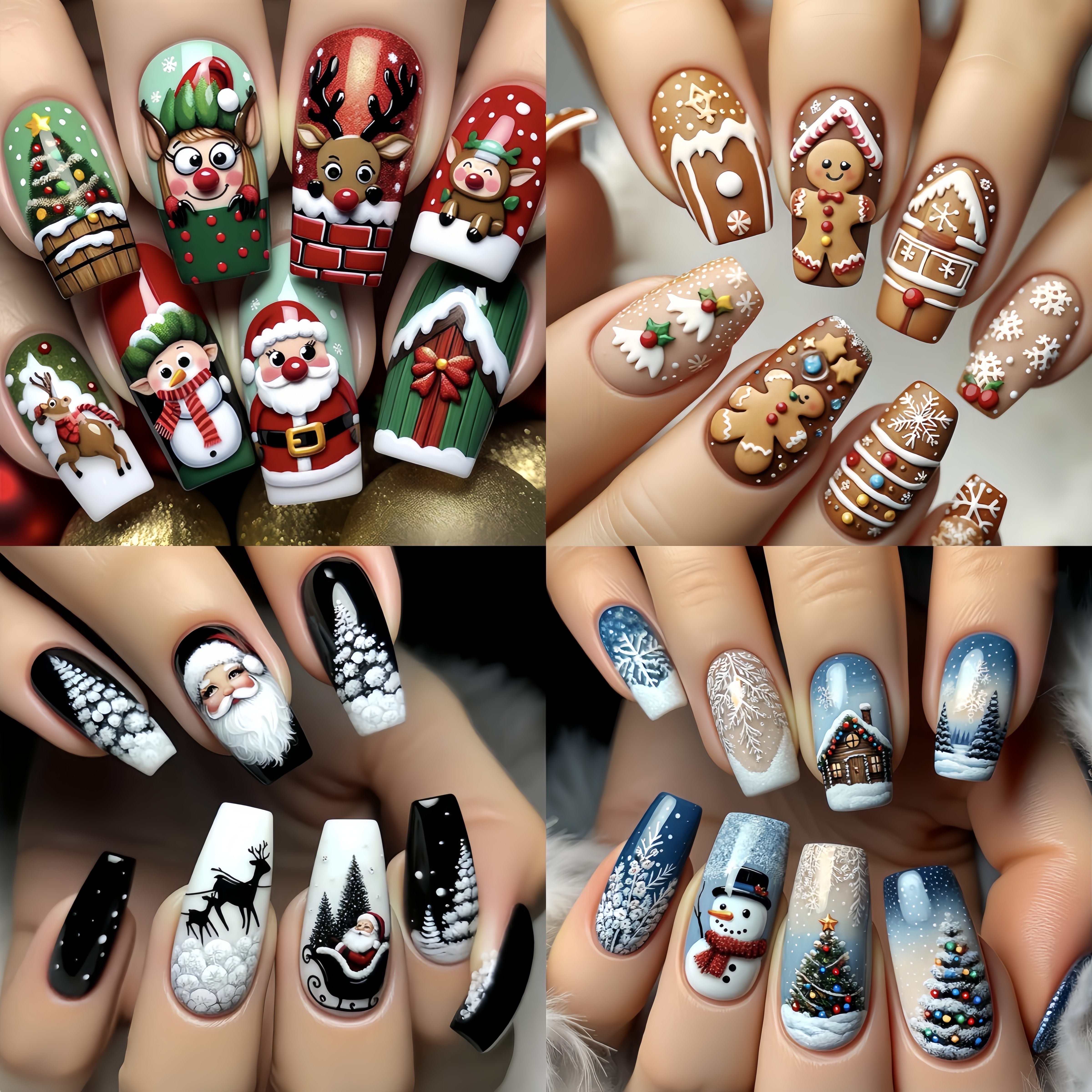 TEMU 96-piece Press-on Nail Set - Long Ballet Nail Tips With Festive , Glossy Finish, Mixed Colors With Reindeer, Santa, Snowman & Cookie Patterns -