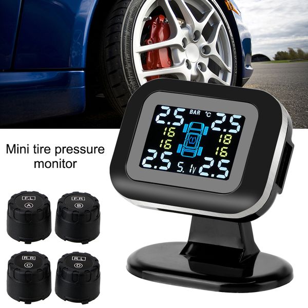 Security Auto Alarm Systems USB TPMS LCD Display With 4 Pcs External Sensor Mini Car Tire Pressure Monitoring System