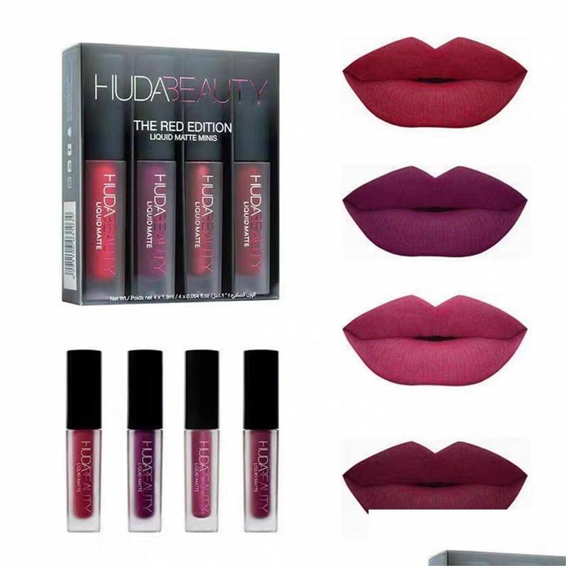 Lip Gloss Huda Beauty 4 Pcs-Set Four Colors Matte Waterproof Nonstick Nonfading Lipsticks Makeup Women Cosmetic Care Wholesale Drop Otguw