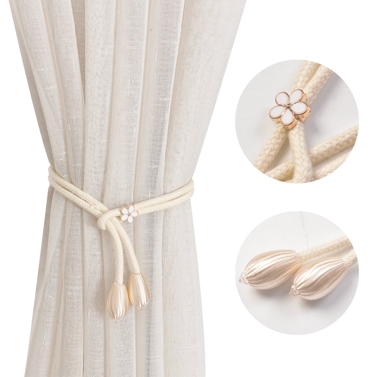 TEMU 4pcs Elegant Curtain Tiebacks With Tassel And Flower Bead- No Drilling Weave Rope Holders For Decorative Draperies, Windows, And Curtains,