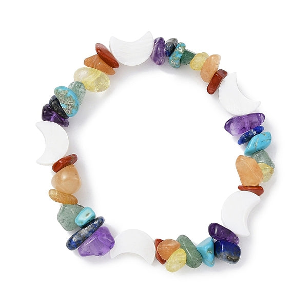 Natural & Synthetic Mixed Gemstone Chips & Shell Beaded Stretch Bracelet