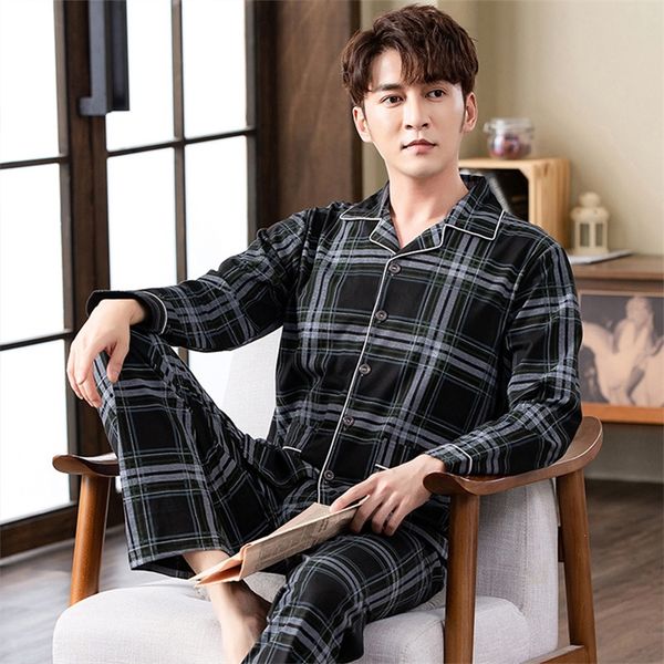 Men&#039;s Sleepwear Spring autumn 100 Cotton Pajamas Sets For Men Plaid Suit Casual Home Clothes Pijamas Hombre Loungewear Plus Size 4XL 22