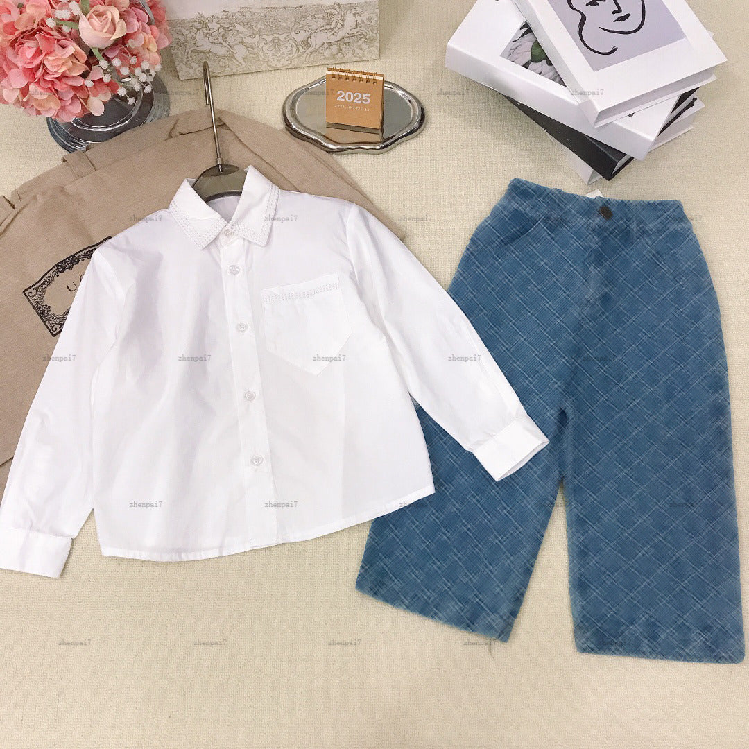 Top baby shirt suit boys Tracksuits Autumn Denim Two piece set kids designer clothes long sleeved shirt and Jeans A669X19N170