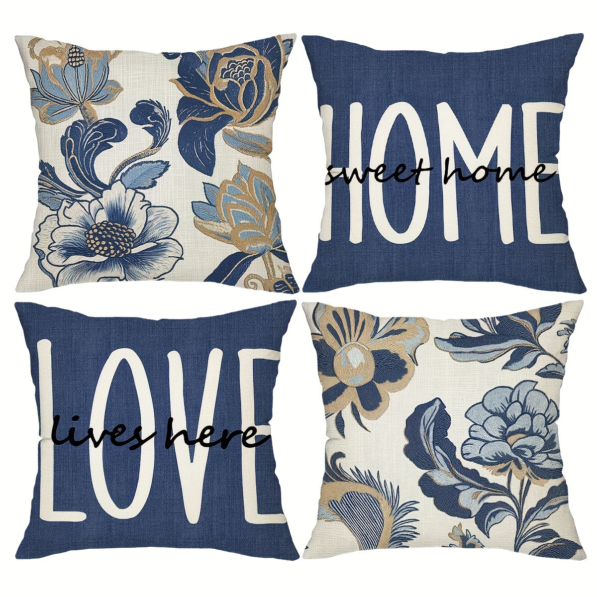 TEMU Set Of 4, Navy Blue Retro Floral Throw Pillow Covers, Cushion Covers, Spring Summer Seasonal Home Decor Pillowcases, 18*18inch, For Farmhouse,