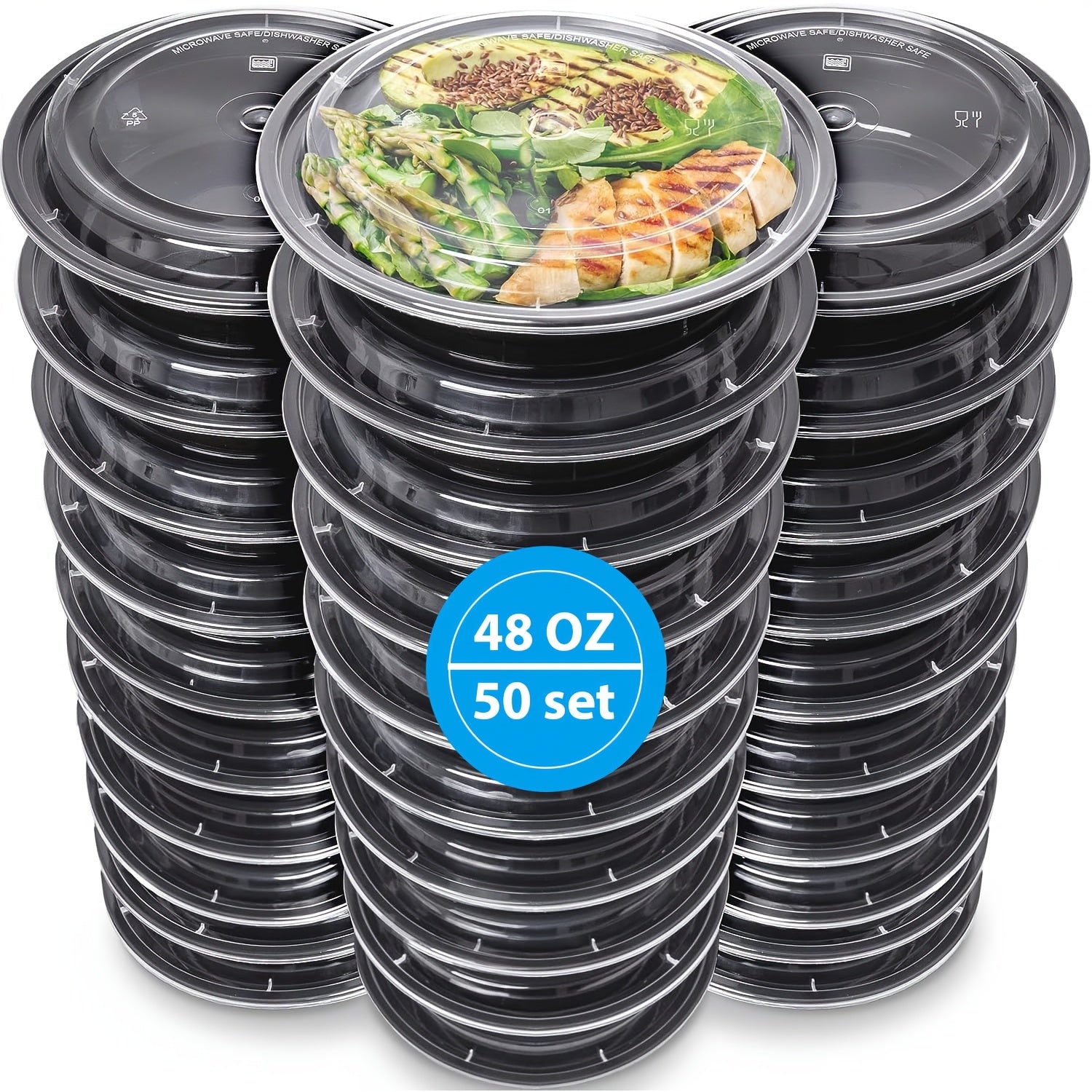 TEMU 50pcs 48oz Black Round Meal Prep Containers With Clear Lids - Leakproof, Reusable & Stackable Food Storage Boxes, Durable Pp Material, Microwave