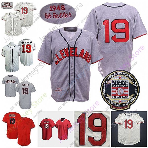 Baseball Jerseys 19 Bob Feller Jersey Retro 1948 White Coperstown Cream Navy Red Player Pullover Salute to Service Hall Of Fame Patch Size S