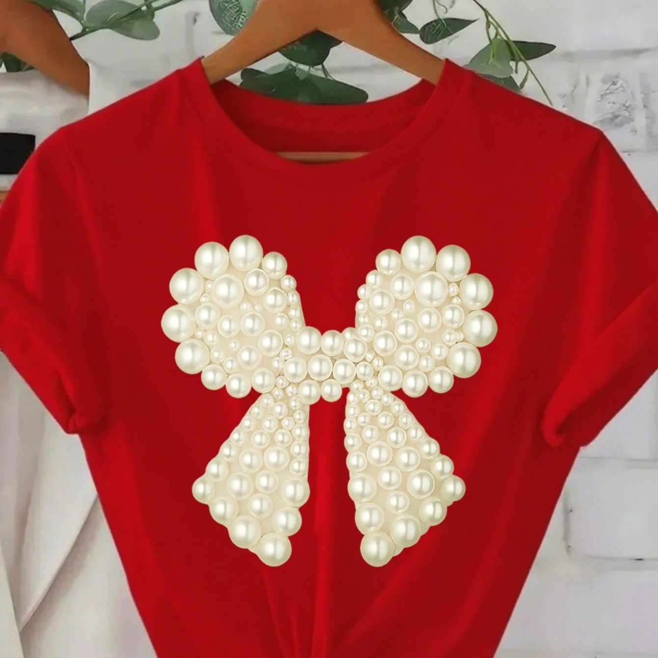 TEMU Women's Red T-shirt With Pearl - Casual Round Neck, Breathable & Comfortable, Casual Attire Or Summer Parties, Everyday Tshirt | Pearl