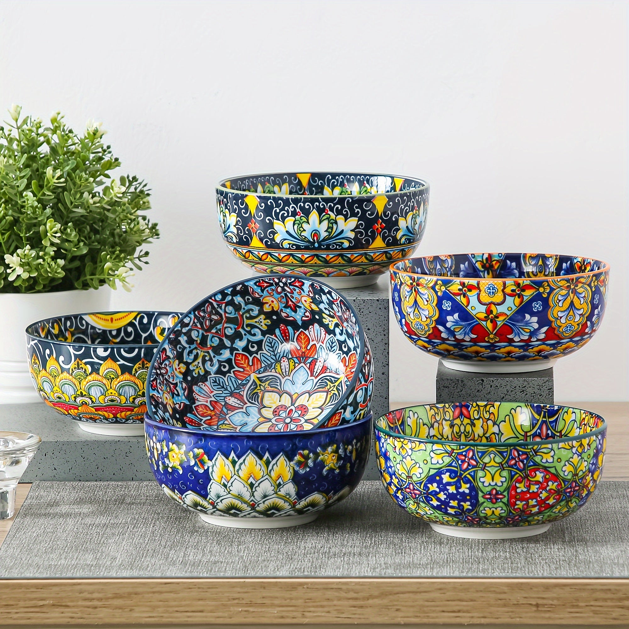 TEMU 26oz Colorful Bohemian Style Cereal Bowls Set - For Cereal, Soup, Oatmeal, Ice Cream, Salad, , Set Of 6