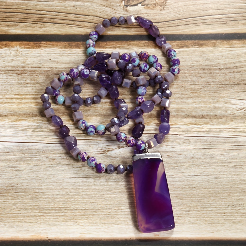 TEMU Boho-chic Natural Bead Necklace With Square Agate Pendant - Casual Attire, Gift, Boho-chic Beaded Necklace