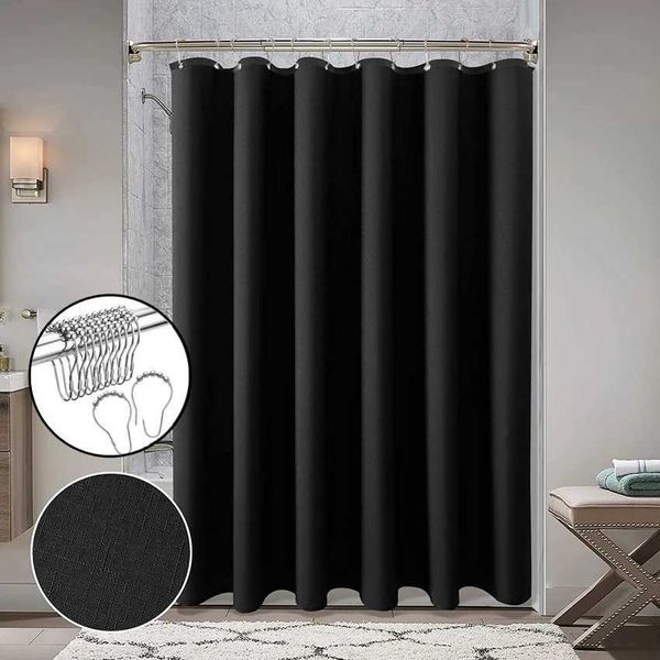 Black Waterproof Bath Curtain with Silver Metal Hooks Thick White Bathroom Shower Curtain Bathtub Bathing Cover Extra Large Wide M240824