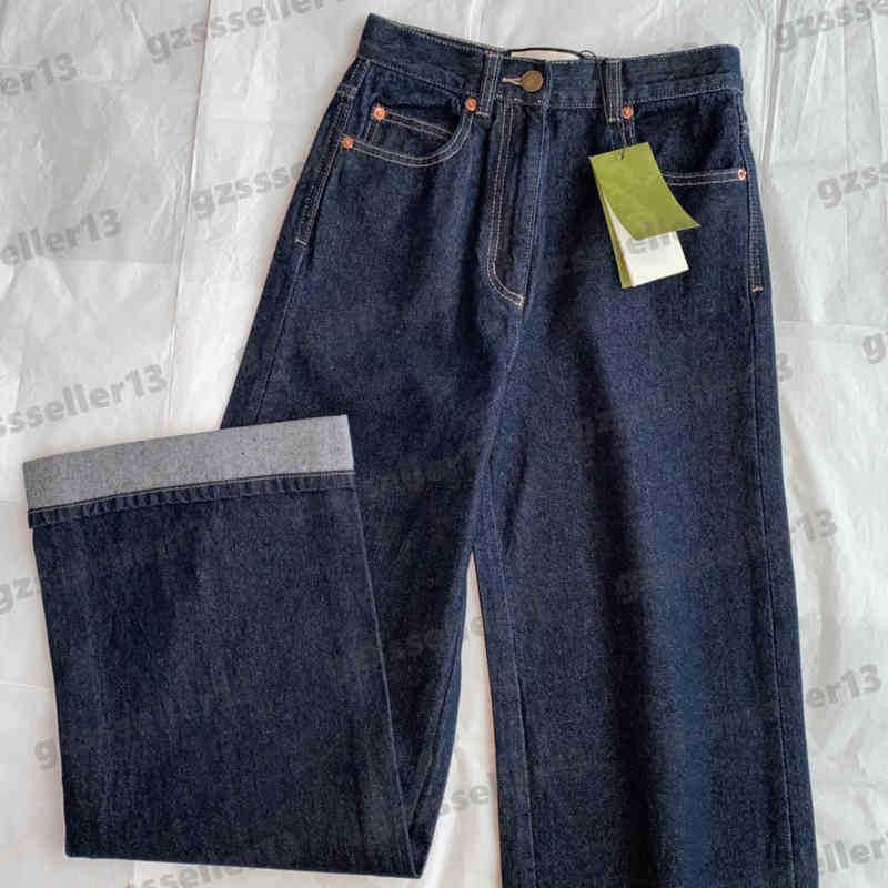 Fashion Womens Jeans Gu 22ss Letter Logo Print Jeans Denim Fabric Back Pocket Metal Trim Pants Luxury Designer Women Clothing