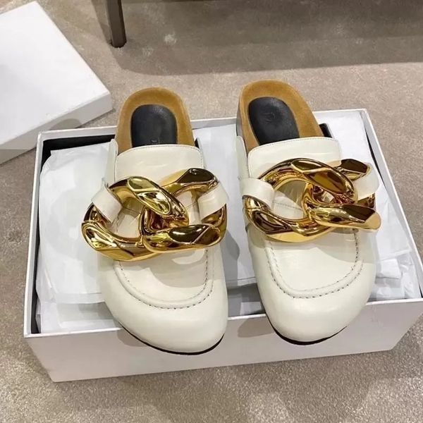 2025 Chunky Golden Chain Embellished Leather Sandals Slippers Slides Summer Beach Sandal Women Casual Slippers Comfort Walking Shoes EU35-42