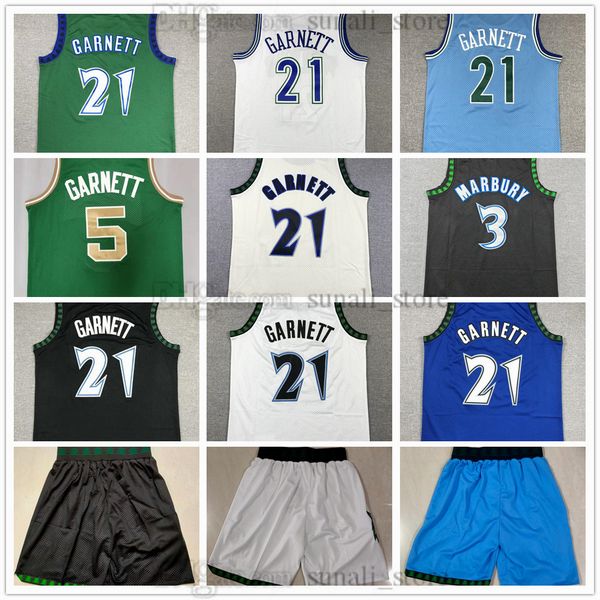 Retro Mesh Kevin 21 Garnett Jerseys Basketball Stephon 3 Marbury Team Black Blue White Vintage Sports Shirts Stitched Embroidery Men&#039;s