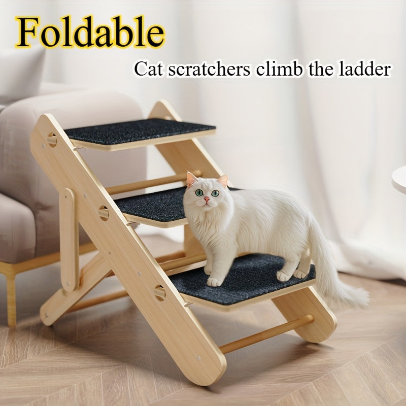 TEMU Foldable Adjustable Pet Ladder Ramp For - Anti-slip Recycled Wood Design, Space-saving Durable Non-shedding Pet Stairs With Soft Padded Steps,