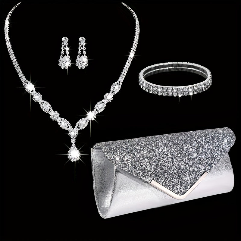 TEMU Women's Fashion Versatile Sequined Decorative Handbag Chain Shoulder Bag Evening Clutch Luxury Rhinestone Claw Chain Necklace Earrings Set