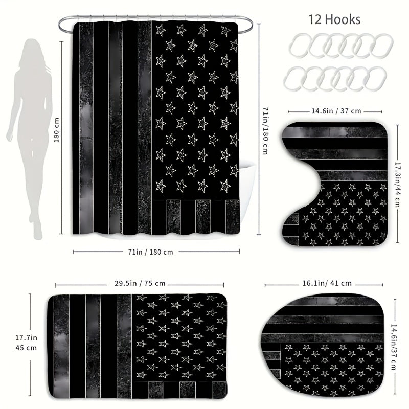 TEMU Set Of 1-4 Black Patterned Bathroom Accessories, Featuring A Waterproof Multifunctional Shower Curtain With 12 Hooks, A Non-slip Floor Mat, A
