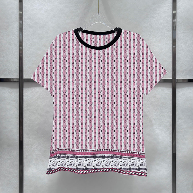 Luxury Women Jacquard T Shirts High Street Round Neck Tops Summer Holiday Breathable Short Sleeve Shirts