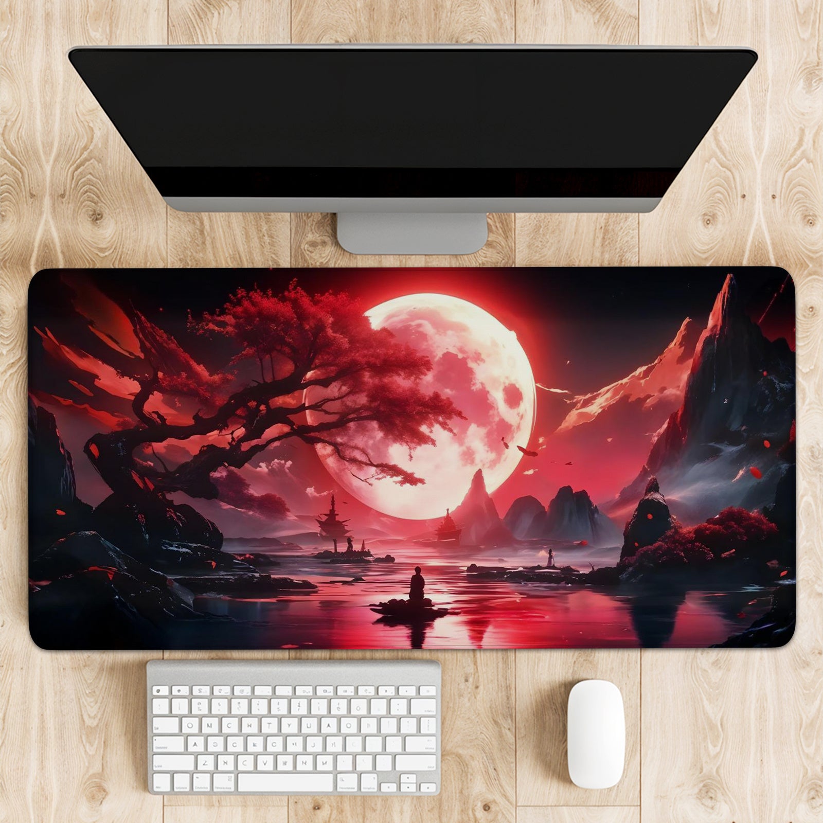 TEMU 1pc, Dark Red Moon Desk Mat Japanese Mouse Pad, Large Japanese Desk Mat, Anime Gaming Keyboard Pad, Non-slip Rubber Base, Large Extended Desk