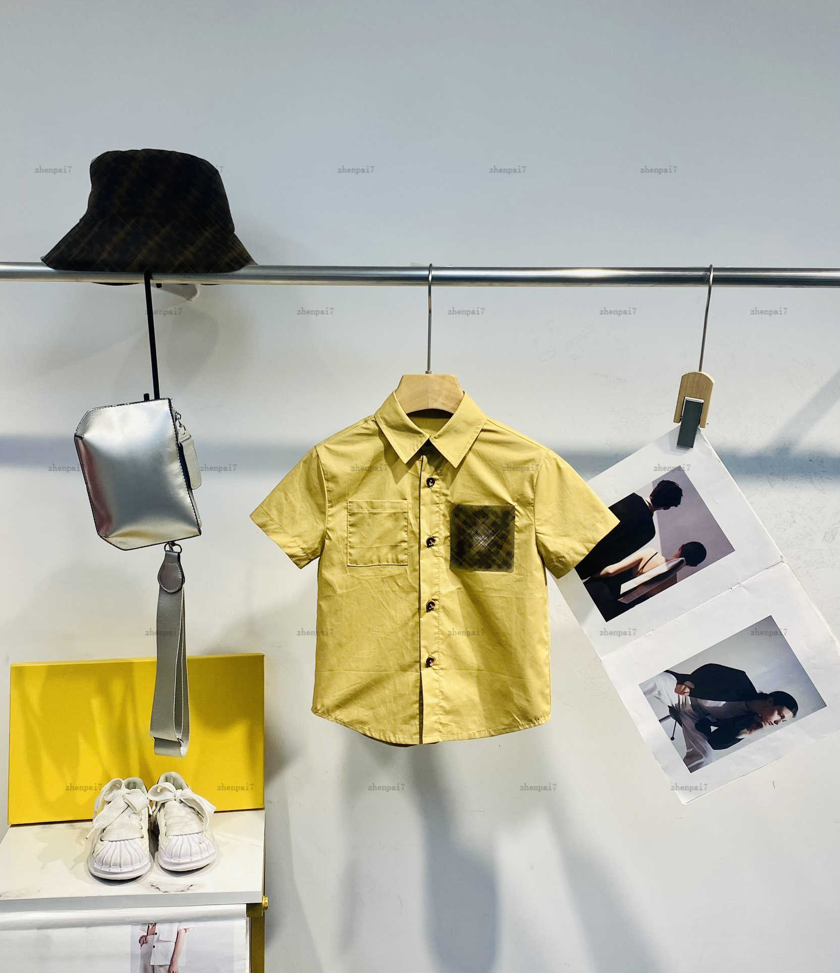 Top Short sleeve baby shirt Monogram pocket lapel shirt kids designer clothes Khaki color child cardigan boys Blouses A235X07N058