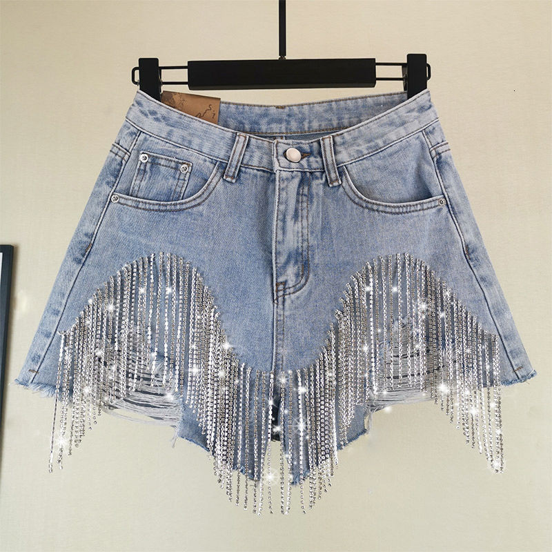 Women&#039;s Shorts Summer Ripped Jeans Short Femme High Waist Diamond Tassel Y2k Casual Bottoms For Ladies Denim Shorts Women Clothing Fashion 2307