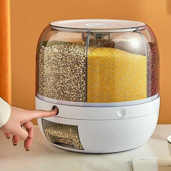 360 Rotating Food Dispenser Large Capacity Storage Bucket Container 6-Grid R-Shaped Side Can Kitchen Grain Box Y241104