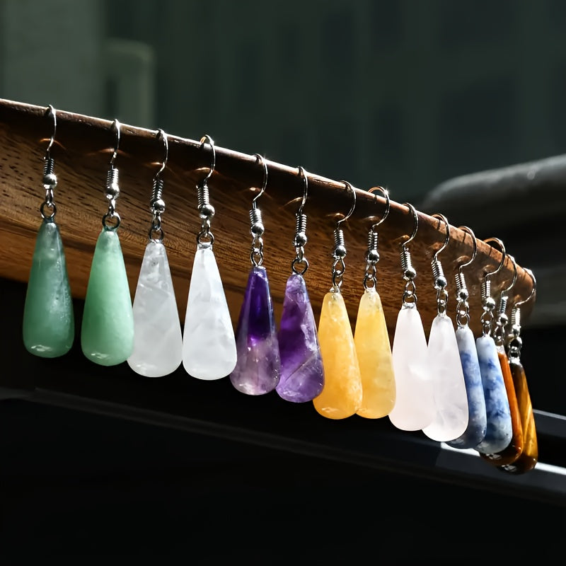 TEMU 8 Pairs Vintage Boho Teardrop Stone Earrings, Natural Colorful Dangle Drop Pendant, Stainless Steel Hooks, Women's Birthday Gift Jewelry For All