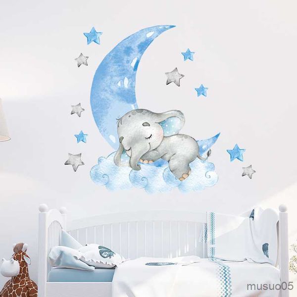 Kids&#039; Toy Stickers Baby Boy Elephant Sleeping Moon Wall Stickers for Kids Room Baby Nursery Room Decoration Wall Decals Home Decor Cart