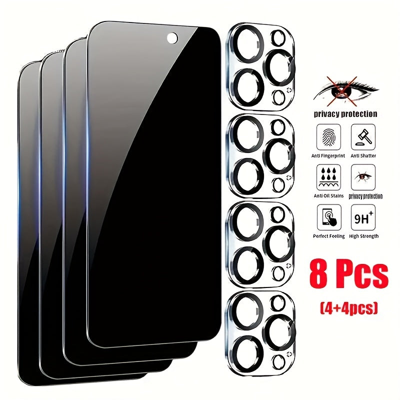 TEMU (8-pack) Privacy Tempered Glass Screen Protector Set For Iphone - 4pcs, 4 Camera Lens Protectors