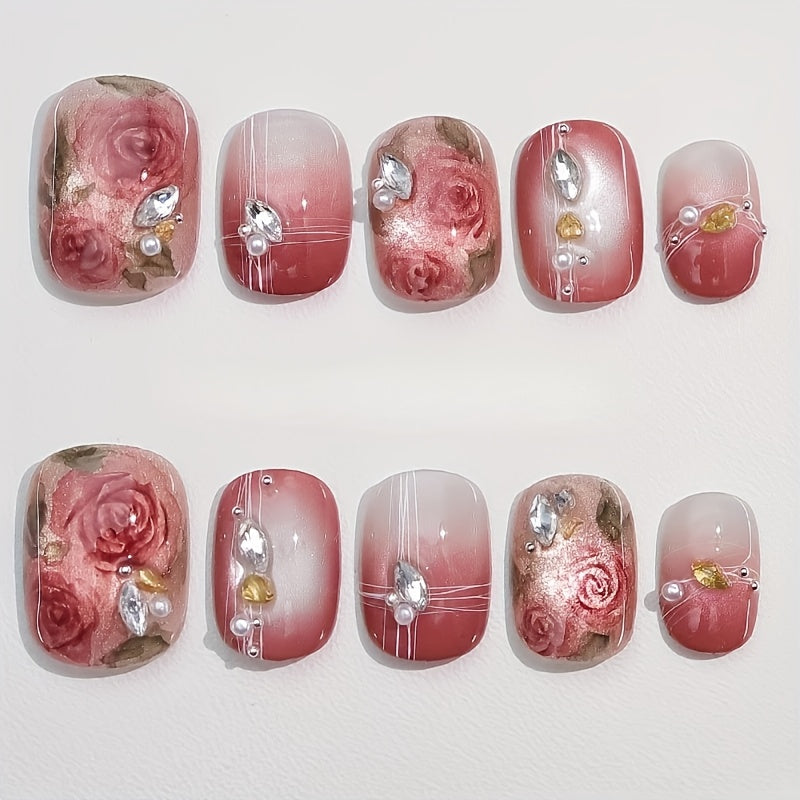 TEMU 30pcs Dragon Watermelon Red Cat Eye False Nails With Watercolor - Glossy, Short Oval, Create A Chic, Vintage Style, Weddings And Birthdays,